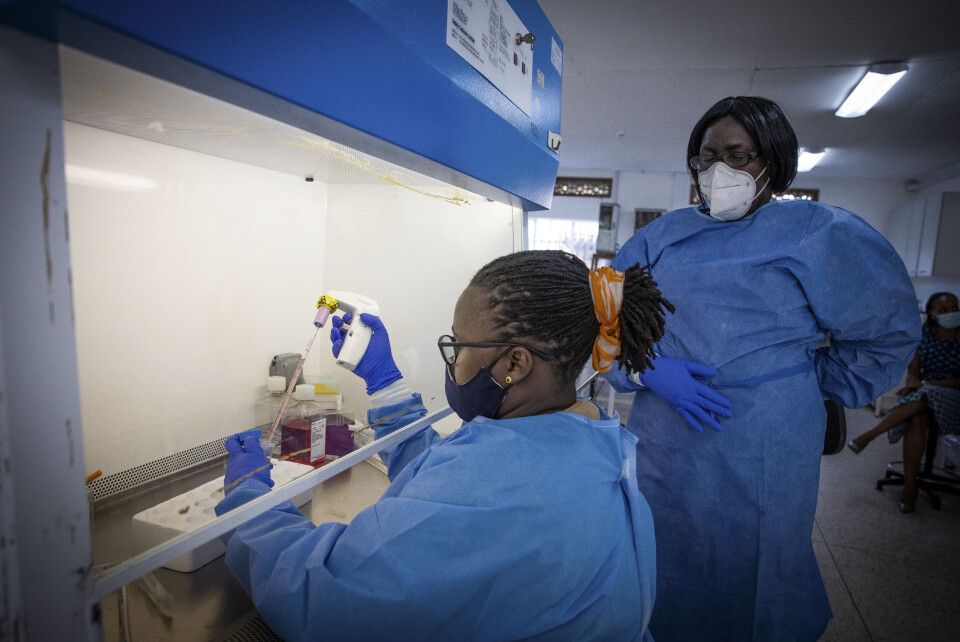 Forskere og labteknikere ved Uganda Virus Research Institute (UVRI) analyserer koronasmittet blod for å få mer kunnskap om befolkningens immunrespons. Foto: Sofi Lundin