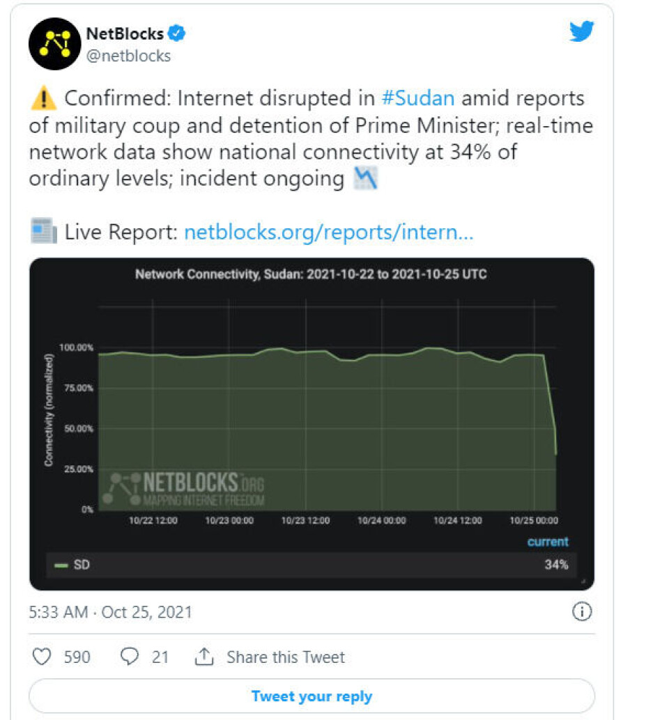 Nettilgangen i Sudan er begrenset for øyeblikket. Kilde: Twitter.
