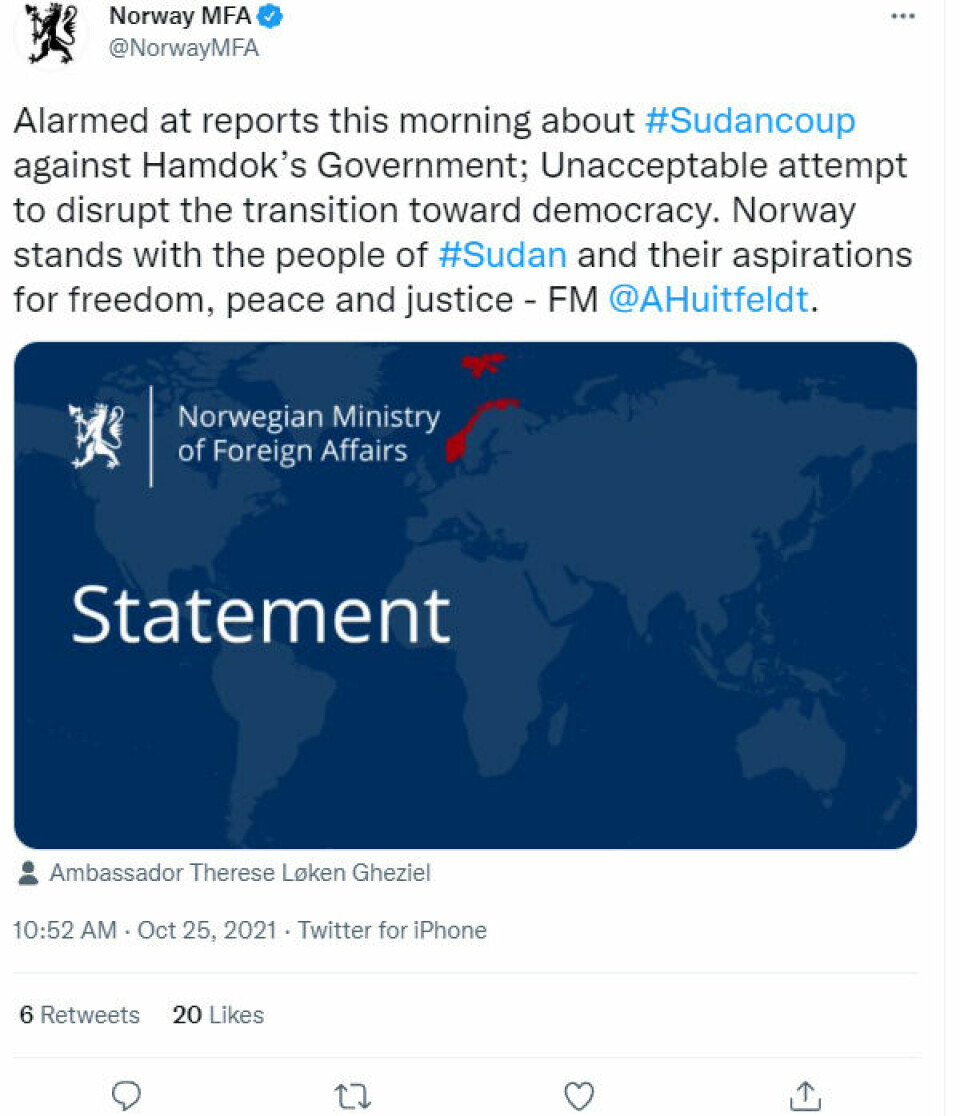 Norsk UD kaller kuppforsøket i Sudan 'uakseptabelt' på twitter. Norge har over lenger tid engasjert seg sterkt i utviklingen i Sudan og Sør-Sudan og er med i den såkalt 'troikaen' sammen med USA og Storbritannia.