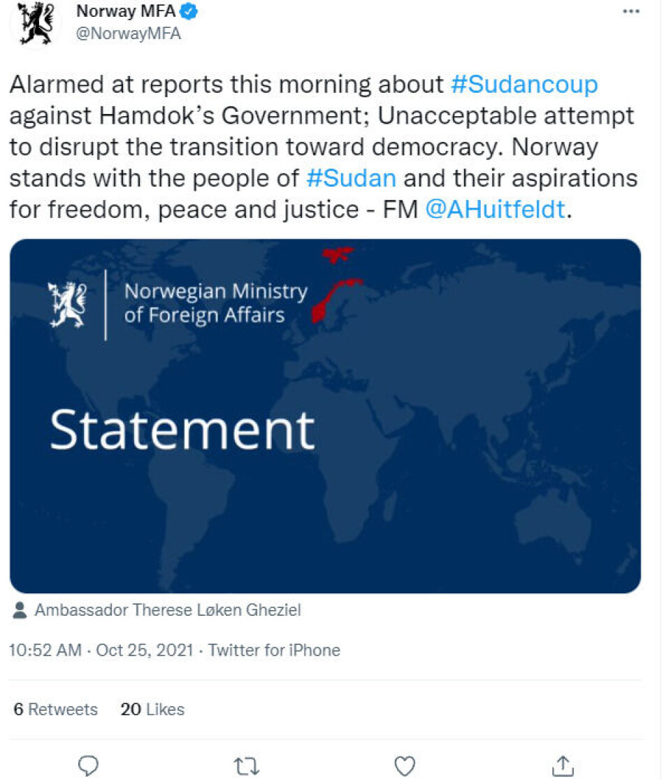Norsk UD kaller kuppforsøket i Sudan 'uakseptabelt' på twitter. Norge har over lenger tid engasjert seg sterkt i utviklingen i Sudan og Sør-Sudan og er med i den såkalt 'troikaen' sammen med USA og Storbritannia.