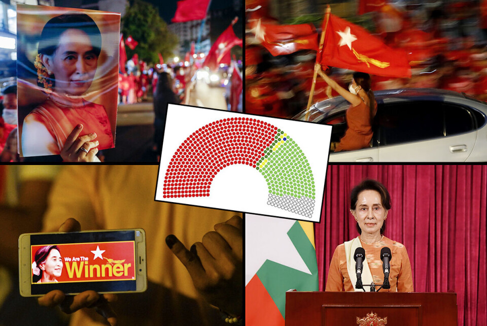 Valgresultatet i Myanmar er enda ikke klart, men NLD-støttespillere begynte likevel feiringen allerede søndag. Mandag kveld talte State Councellor Aung San Suu Kyi til folket i en tv-sendt tale. Ifølge NLDs egne målinger har partiet også i år fått nok stemmer til å kunne danne regjering. Innfelt: Foreløpige tall viser at National League for Democracy har tatt brorparten av setene i parlamanetet. ( Rød = NLD, mørkegrønn = USDP, lysegrønn = seter forbeholdt militæret og gule = etniske partier). Alle foto: NTB, Faksimile: Irrawaddy