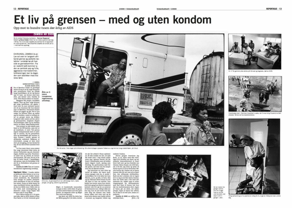Slik rapporterte Gunnar Kopperud og Rune Eraker fra et truckstop i hiv-rammede Zambia i 2000. Mange langtransportsjåfører kjøpte sex av prostituerte og bidro til å spre smitte til nye steder langs landeveien. Faksimile: Bistandsaktuelt