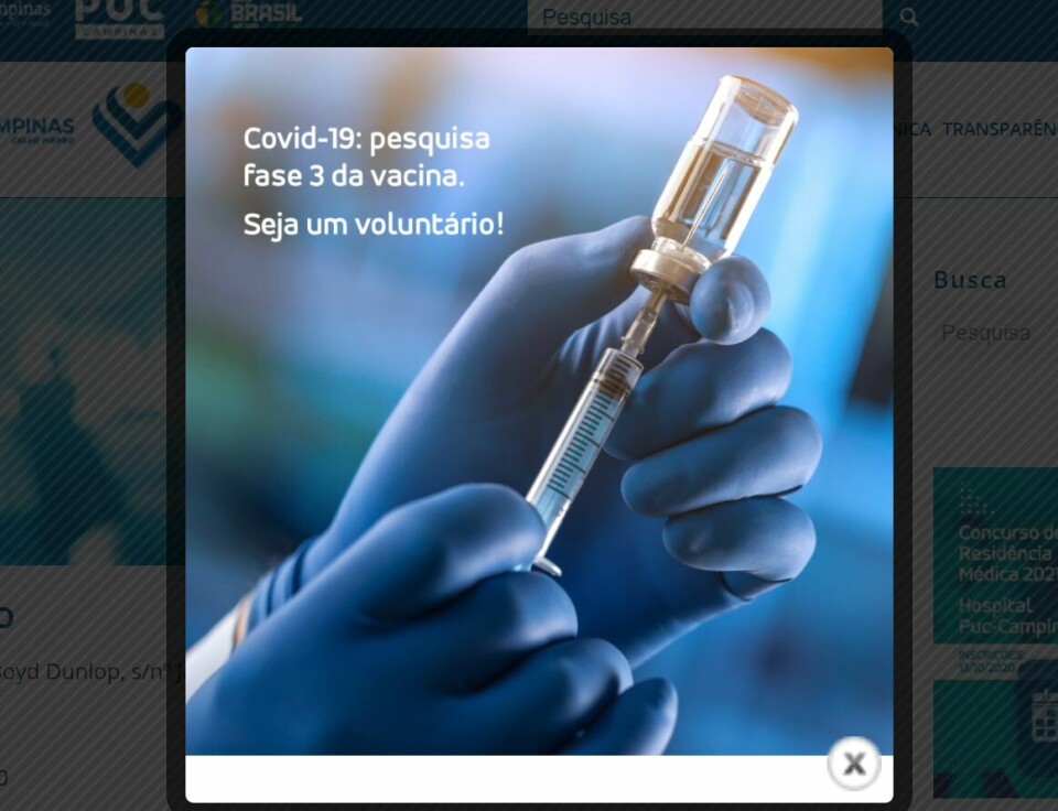 Slik ser det ut når folk søker opp sykehuset Puc de Campinas utenfor Sao Paulo. Det åpenbarer seg en reklame: Bli med på fase 3-testing av covid-vaksinen!