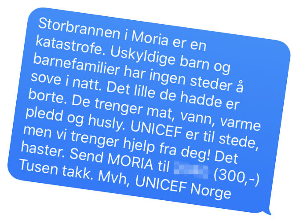 Denne sms´n sendte Unicef Norge ut 9. september. Det bidro til at stiftelsen har samlet inn fire millioner kroner på under fire uker.