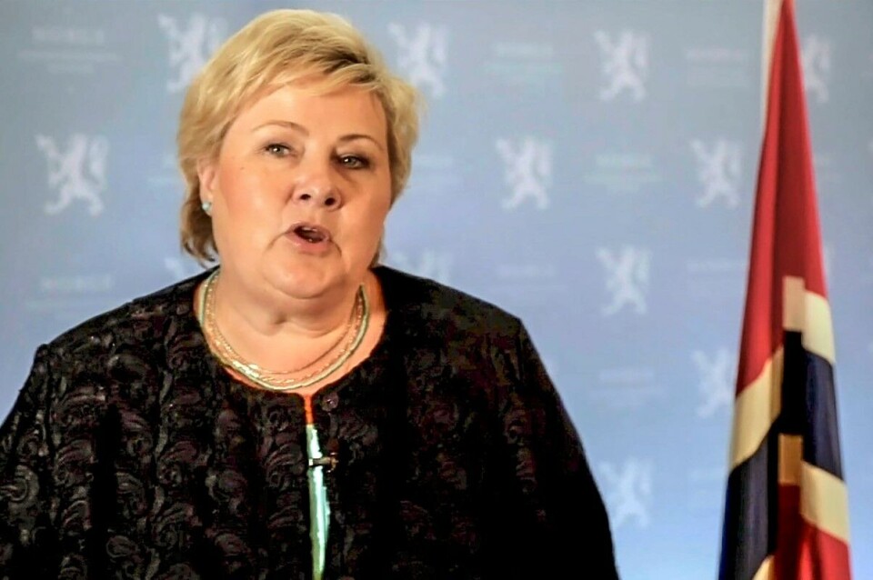 Avtroppende statsminister Erna Solberg holdt onsdag sin siste tale til FNs generalforsamling. Foto: UN Web TV via AP