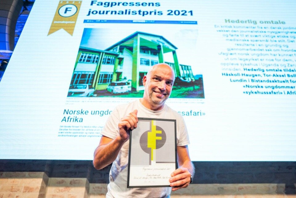 Bistandsaktuelts journalist Tor Aksel Bolle (bildet) og friansere Anne Håskoll-Haugen og Sofi Lundin fikk hederlig omtale under Fagpresseprisene for saken om norske ungdommer på 'sykehussafari' i Afrika . Foto: Håkon Mosvold Larsen/NTB.