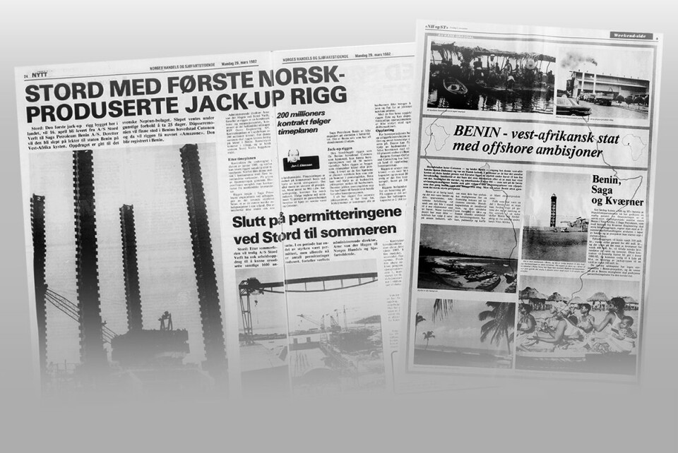 «Vest-afrikansk stat med offshore ambisjoner» het det i Norges handels- og sjøfartstidende i november 1979, som også kunne melde at Handelsdepartementet hadde godkjent en statlig garanti for finansiering av et norskstyrt oljeprosjekt i Benin. Vel to år senere kunne samme avis meddele at verftet utenfor Bergen hadde ferdigstilt den første riggen – og at det var «slutt på permitteringene ved Stord». Faksimiler: NHST