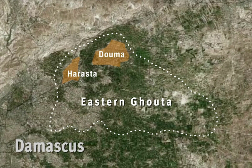 Harasta har færre mennesker med et nødhjelpsbehov enn Douma. Likevel kommer det mer nødhjelp til Harasta, ifølge Human Rights Watch. Illustrasjon: HRW