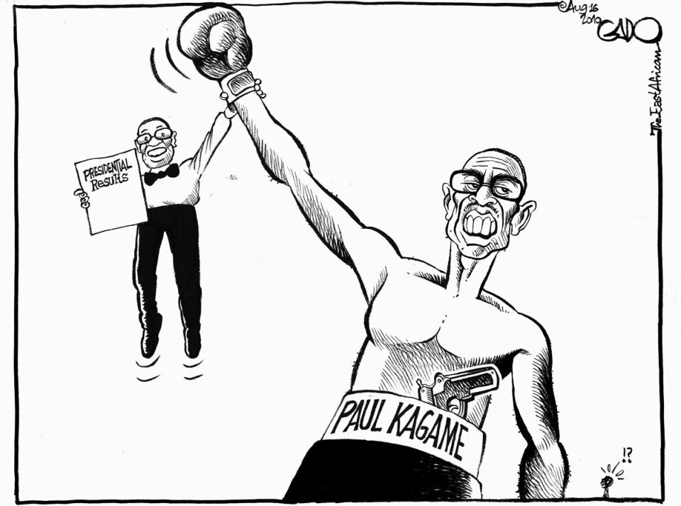 Tegneren Gados framstilling av en tidligere valgseier til Rwandas sterke mann Paul Kagame. Han er ikke blitt mindre mektig med årene.