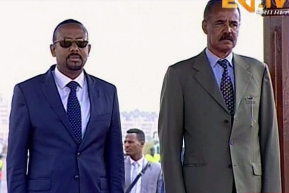 Etiopias statsminister Abiy Ahmed møtte søndag Eritreas president Isaias Afwerki i Asmara i Eritrea. Møtet er det første mellom ledere fra de to landene på to tiår. Foto: Skjermdumpfra ERITV/ AP / NTB scanpix.