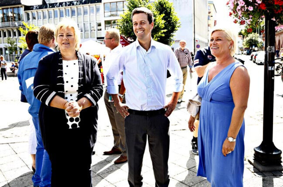 Flere av bistandsorganisasjonene vil føle seg tryggere dersom KrFs Knut Arild Hareide deltar i en ny borgerlig regjering. Et parløp mellom Erna Solberg og Siv Jensen er det som skaper størst frykt for endring. Foto:NTB Scanpix