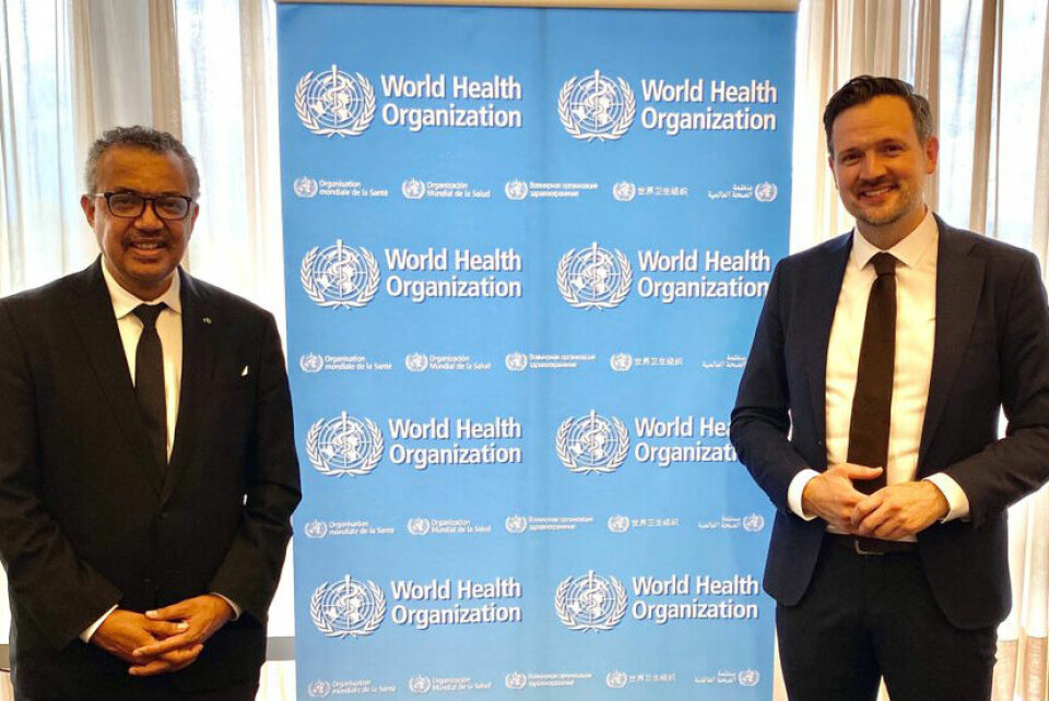 Utviklingsminister Ulstein har hatt møter denne uken med lederen for Verdens helseorganisasjon Tedros Adhanom Ghebreyesus for å diskutere korona-pandemien. Foto: UD
