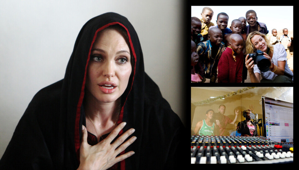 Angelina Jolie, Line Verndal og Timbuktu har alle brukt sin kjendisstatus for en god sak. Ifølge ny britisk forskning er kjendiser generelt en lite effektiv måte å spre engasjement om verdens tilstand på. Foto: NTB Scanpix og Plan Norge