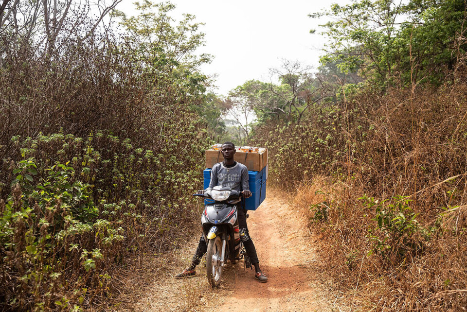Sodea Mathurin kjører motorsykkel med ferske forsyninger av vaksiner fra Baboua til landsbyen Ndongue.
