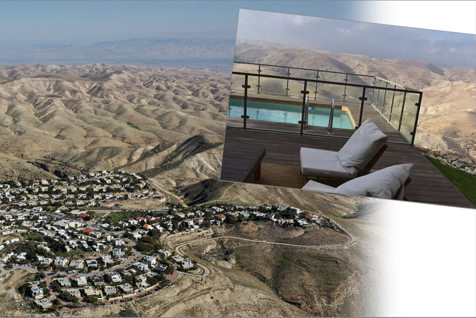 Israelske myndigheter bygger stadig flere boliger på okkupert grunn i Øst-Jerusalem og på Vestbredden, som her i bosettingen Maale Michmash. Nær 600 000 mennesker bor i de omlag 140 bosettingene som er bygget siden 1967. Byggingen er i strid med folkeretten, men nå vil Israel ha flere turister inn i bosettingene. Innfelt: Expedia-eide Hotels.com formidler blant annet overnatting i denne «familievennlige» leiligheten med panoramautsikt over Judea-ørkenen. Foto: Oded Balilty / AP / NTB scanpix, faksimile: Hotels.com