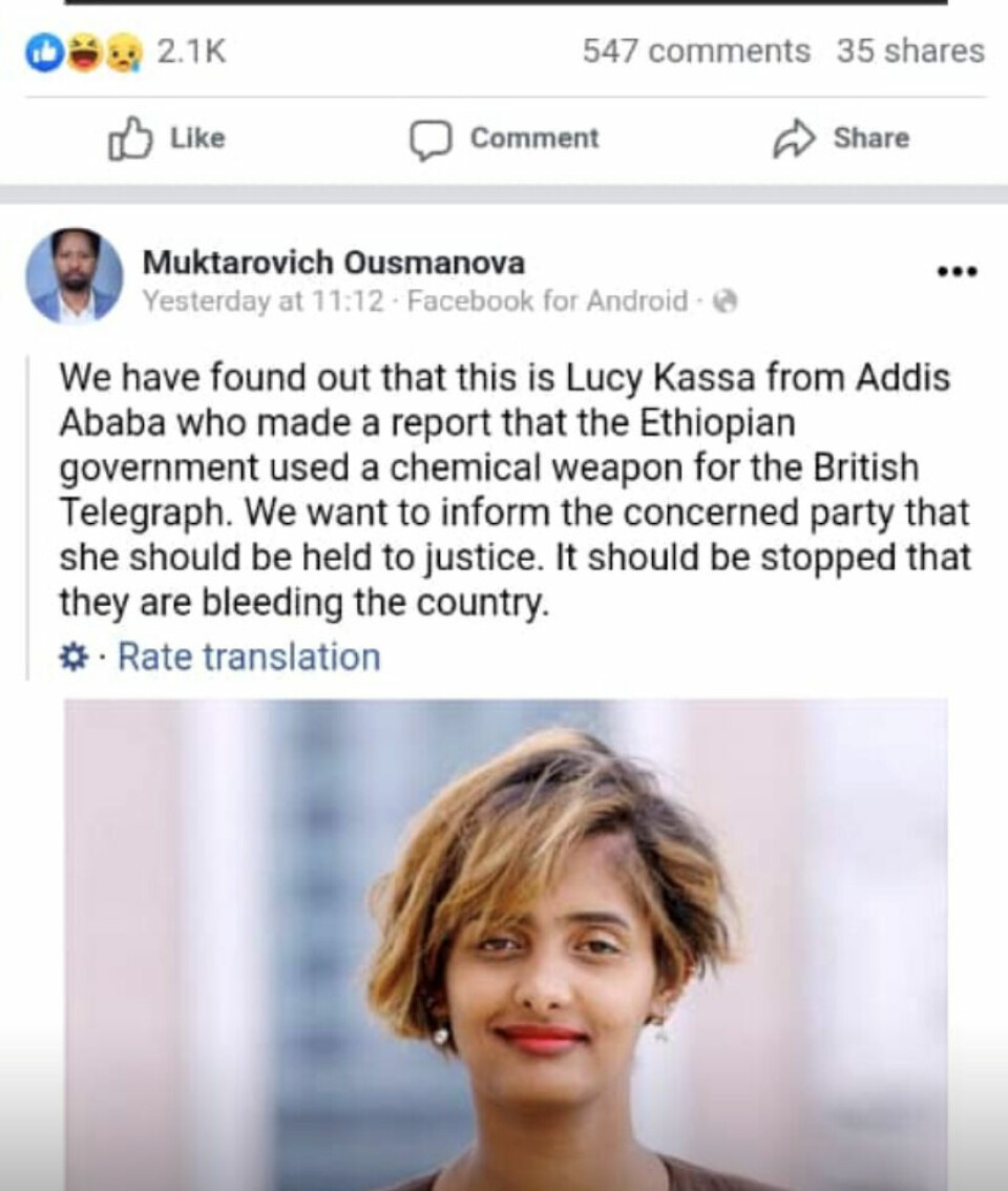 Politisk kommentator og jurist Muktarovich Ousmanova, med 154.000 følgere på facebook, er blant de som har fremsatt alvorlige anklager og trusler mot Lucy Kassa de siste dagene.