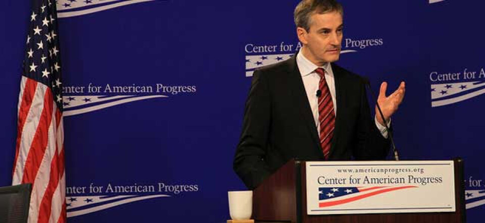 Center for American Progress er en av tankesmiene som får norsk bistand. Her taler tidligere utenriksminister Jonas Gahr Støre under et CAP-møte i Washington. Foto: Utenrikdsdepartementet.