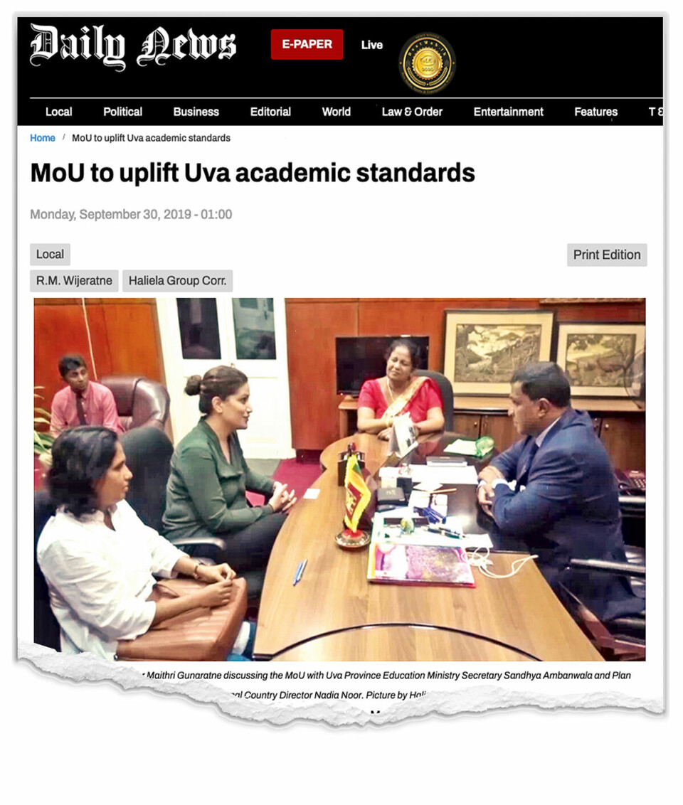 In September 2019, Plan Sri Lanka's Country Director Nadia Noor (in green shirt) signed an agreement on an education project with then Governor Maithri Guneratne (right) in Uva Province. 2-3 months later, Plan International suddenly announced that the organization would no longer work in Sri Lanka. ’I am shocked. Plan failed the children,‘ Guneratne says to Bistandsaktuelt now. Facsimile: Daily News