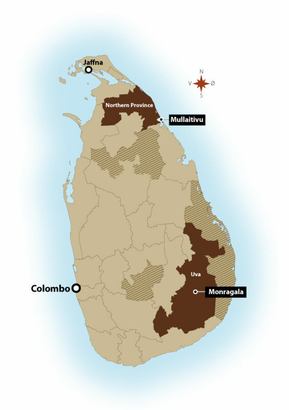 Plan Sri Lanka worked here. The dark brown areas have been visited by Bistandsaktuelt. The shaded fields are other areas in which Plan International had programmes. Illustration: Pål Dybwik