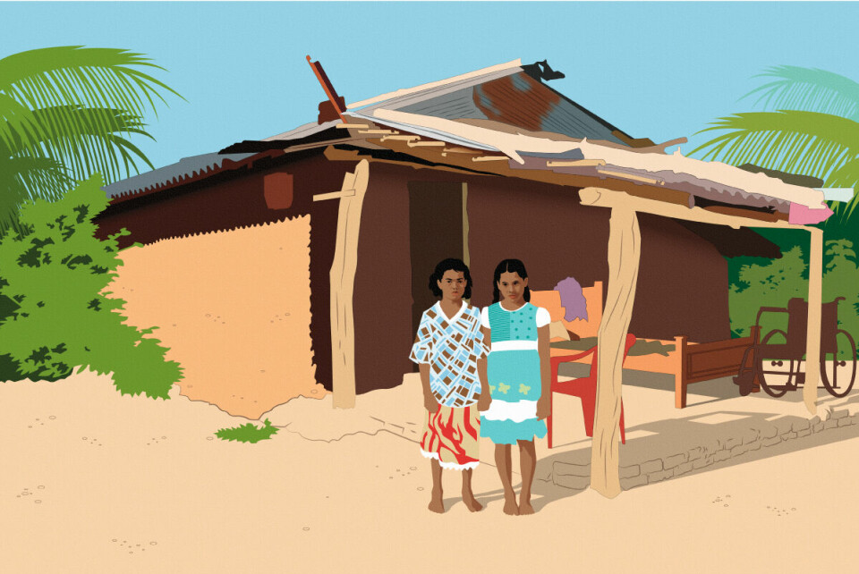 - I have good memories from when we received small gifts from the sponsors, says 12-year-old Subashini (left) to Bistandsaktuelt.  Illustration: Pål Dybwik (inspired by a photograph by Shihar Aneez)