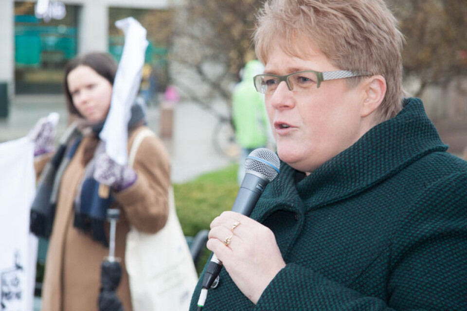 Trine Skei Grande mener Norges somling med å gi barn klagemulighet etter FNs barnekonvensjon kan svekke vår anseelse internasjonalt. I dag var Venstre-lederen med på markering foran Stortinget. Foto: Asle Olav Rønning