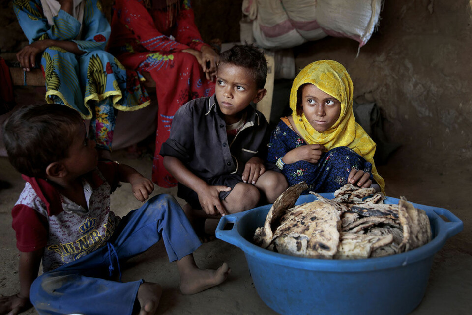 Jemens barn dør både i krigshandlinger og av mangel på mat. Disse barna ble fotografert i byen i Hajjah nordvest i landet i oktober i fjord. Brødet i balja er muggent. Byen er nå en av 31 aktive krigssoner i landet, til tross for våpenhvileavtalen som er inngått. Foto: Hani Mohammed / AP / NTB scanpix