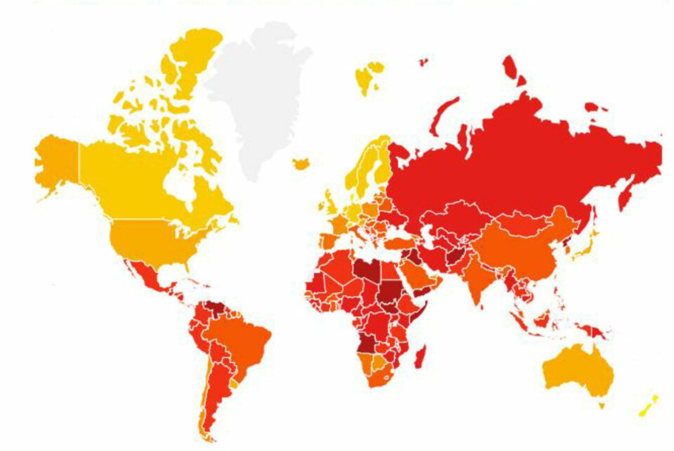 Corruption Perception Index for 2016. De gule områdene er landene som oppfattes som de minst korrupte.