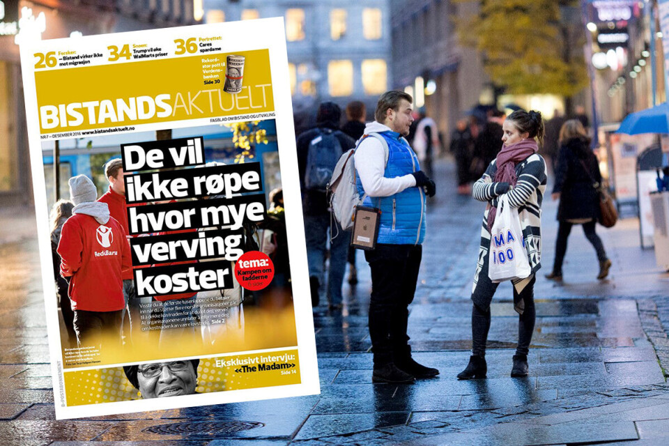 Du møter dem på gata. Unge menn og kvinner som verver faste givere for norske humanitære organisasjoner. Å få tak i nye faddere ved å snakke med folk ansikt til ansikt, er den klart mest effektive måten for organisasjonene å få nye givere på. De store organisasjonene henter inn millioner av kroner på å bruke «face-to-face» som metode, men ingen av dem har ønsket å fortelle deg hva vervingen koster. Frem til nå. Foto/Faksimile: Sveinung Uddu Ystad / Bistandsaktuelt