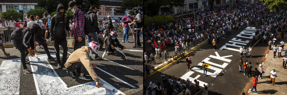 Demonstranter uttrykker sin misnøye med kuppmakerne i sentrum av Yangon denne uka. Men juntaen står ifølge NTB også overfor en uvant utfordring når unge bruker Facebook, Tiktok og Instagram for å dele sin frustrasjon med en hel verden. «Min Aung Hlaing, jeg hater deg mer enn mensen», var budskapet på en plakat som ble holdt ut av et bilvindu - og så delt i sosiale medier. Foto: Nyan Zay Htet