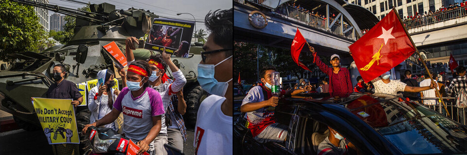 Natt til mandag denne uka ble det for første gang siden kuppet observert tanks i Yangons gater. Militæret har svart på demonstrasjonene med tåregass, vannkanoner og gummikuler, men så langt har ikke dét stoppet protestene. Foto: Nyan Zay Htet