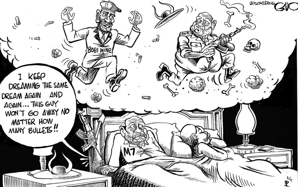 President Museveni i Uganda og hans tilhengere frykter at Bobi Wine vil klare p vinne valget torsdag. De har tatt i bruk falske Facebook-kontoer for å spre falske opplysninger. Illustrasjon: Gado President Museveni i Uganda og hans tilhengere frykter at Bobi Wine vil klare p vinne valget torsdag. De har tatt i bruk falske Facebook-kontoer for å spre falske opplysninger. Illustrasjon: Gado