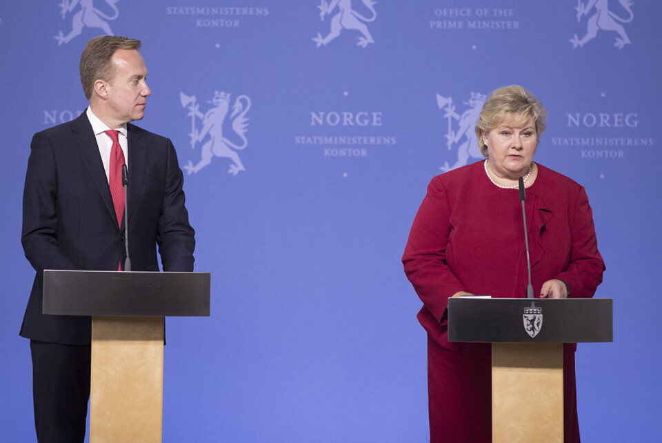 Statsminister Erna Solberg og utenriksminister Børge Brende avbrøt sitt vanlige 17. mai-program for å holde pressekonferanse i forbindelse med Joshua Frenchs løslatelse i 2017. Foto: Terje Pedersen / NTB scanpix