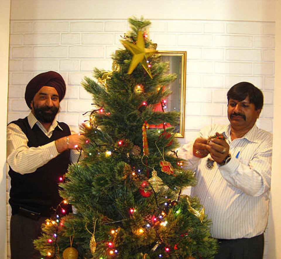 Julen er knapt synlig i India. Men på ambassaden har de fått pyntet juletreet. Foto: Eva Bratholm