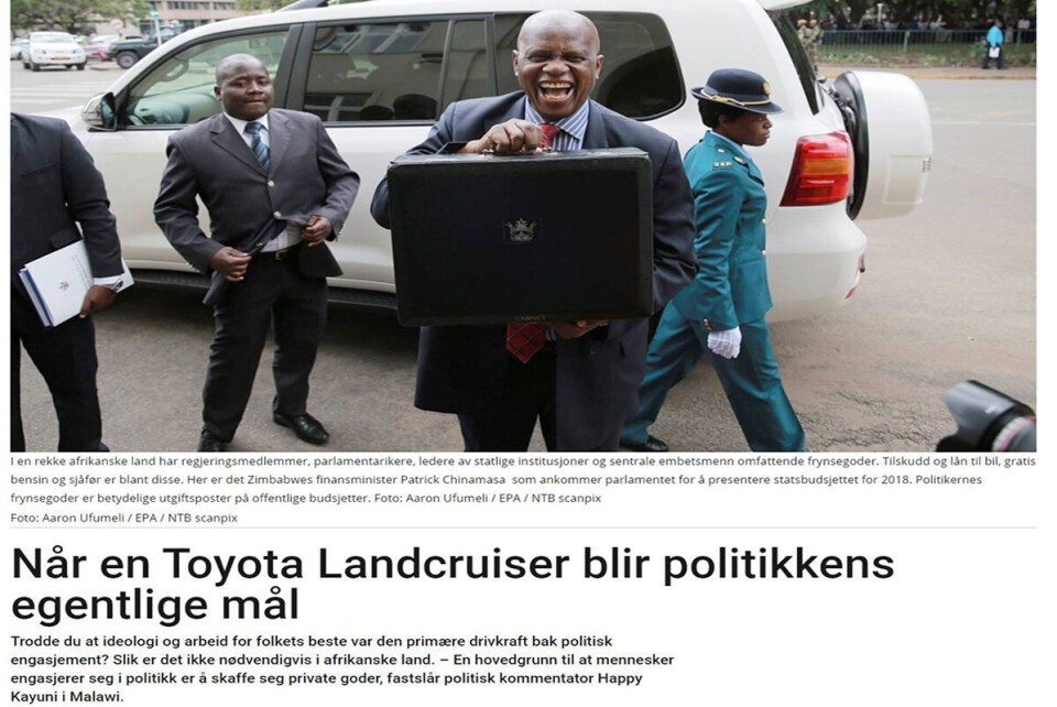 Om utviklingsland bevilger penger til belønning av forbrytelser, eller til fine biler og luksusfly, bør konsekvensen være at tilsvarende summer kuttes fra den norske bistandspotten, skriver Christian Tybring-Gjedde som er stortingsrepresentant for Fremskrittspartiet. Faksimilen er fra Bistandsaktuelts sak om at Tanzanias folkevalgte kjøpte seg 2700 landcruisere.