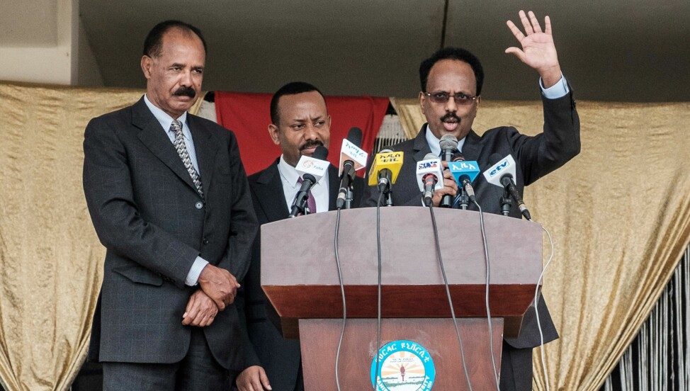 Somalias president Mohamed Abdullahi Mohamed (Farmajo) sammen med Etiopias statsminister Abiy Ahmed (i midten) og Eritreas president Isaias Afwerki (til v.) under et arrangement i Amhara-regionen i nord-Etiopia 10. november 2018.