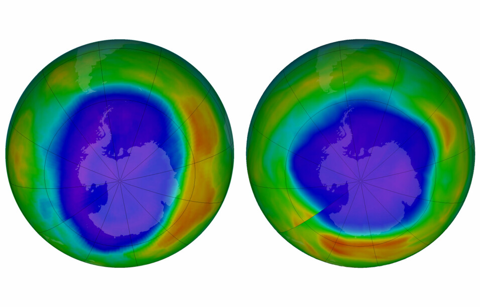 Disse to bildene tatt av NASA viser områder med lavt ozon over Antarktis i september 2000 (til venstre.) og i september 2018. De lilla og blå fargene er der det er minst ozon, og de gule og røde er der det er mer ozon. Protokollen fra Montreal i Canada i 1987 regnes som en av tidenes mest vellykkede, internasjonale avtaler.