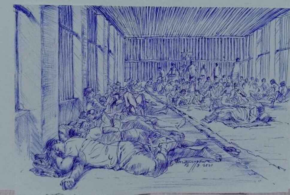 En skisse, datert 13. juli 2021, som er smuglet ut av Insein-fengselet skal vise innsiden av det notoriske fengselet i Myanmars største by etter at juntaen kuppet makten i fjor.