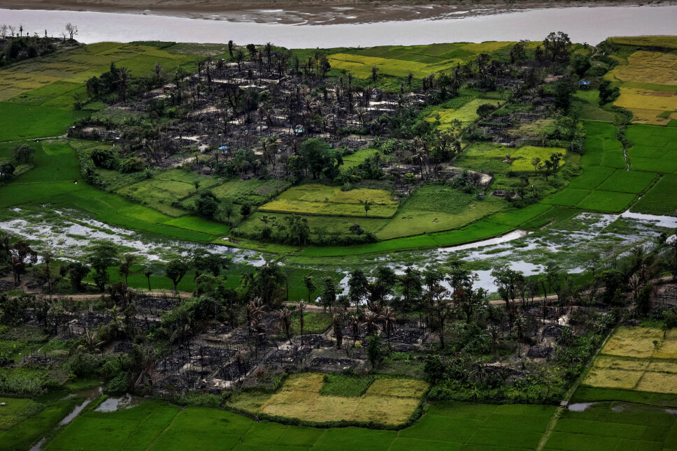 Ifølge flere FN-rapporter satte burmesiske sikkerhetstyrker fyr på hundrevis av rohingya-hjem i Rakhine-delstaten. Bildet, som skal være tatt i september 2017, viser det som er igjen av en rohingya-landsby nær byen Maungdaw, helt nord i Rakhine.
