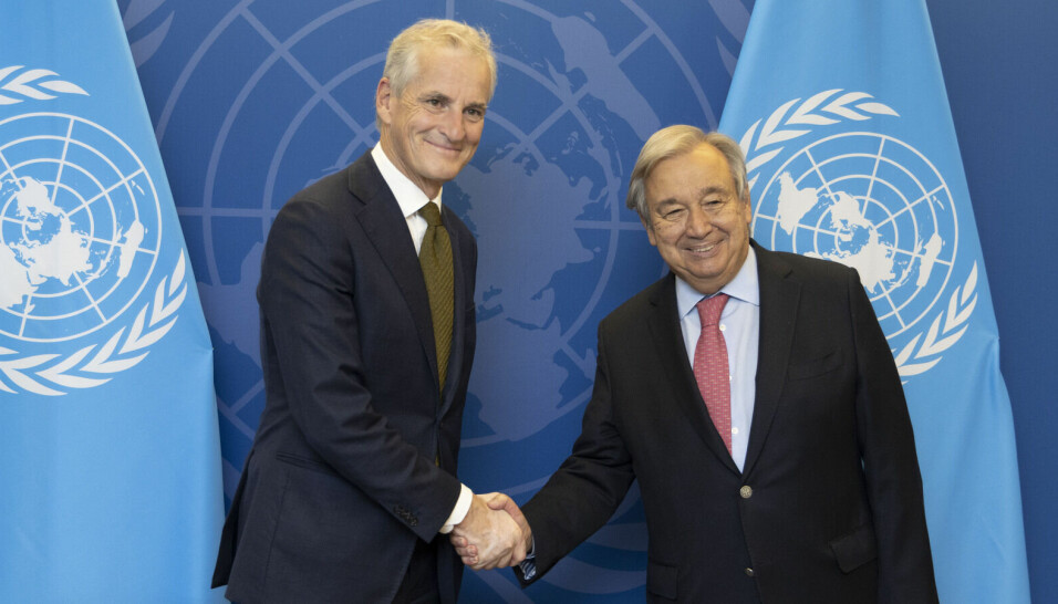 Statsminister Jonas Gahr Støre sammen med FNs generalsekretær Antonio Guterres under FNs høynivåuke i New York.