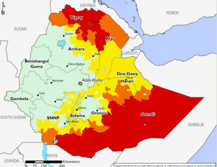 Kartet viser hvordan matusikkerheten i Etiopias regioner ser ut til å bli oktober–januar. Rød farge betyr at det vil bli nødsituasjon, oransje farge, en krisesituasjon, og gul farge, en krevende situasjon. Prognosen baserer seg på situasjonsbildet i august og ble publisert 5.oktober.