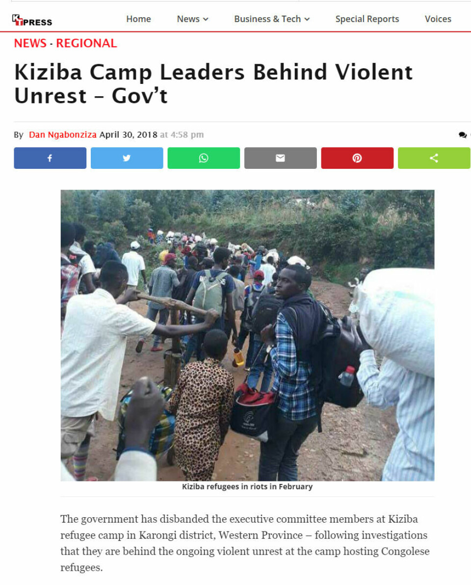 Kiziba-flyktninger under opptøyer i februar, lyder bildeteksten til artikkelen i den regjeringslojale nettavisen KT Press. Skjermdump fra KT Press.