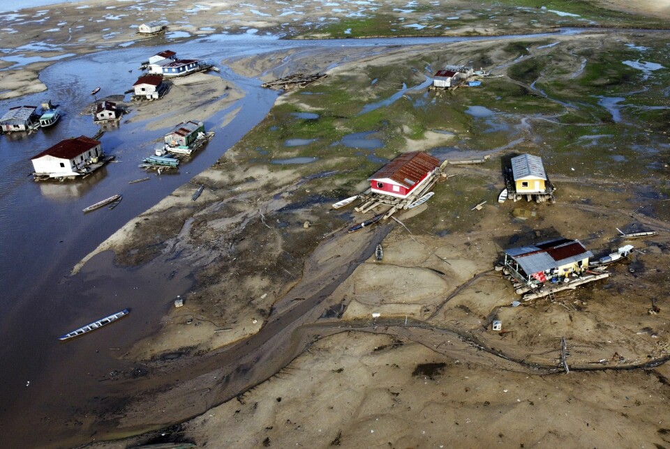 Husbåter er strandet etter at vannstanden i Solimões-elven i Brasil har sunket som følge av tørke. Foto: Edmar Barros / AP / NTB