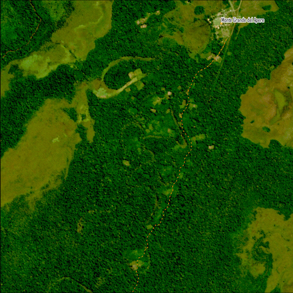 Satellittbilder tatt med syv års mellomrom viser oljeutslipp i Loretoregionen i Peru. Det første er tatt i 2015, det andre i 2022. Gjengitt med tillatelse fra IWGIA.
