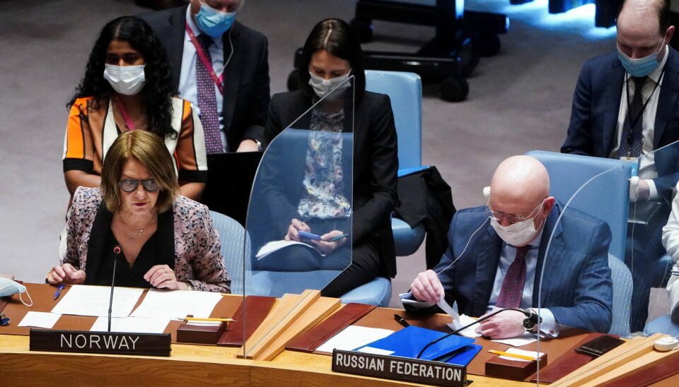 Norway's Ambassador to the U.N. Mona Juul speaks as she sits next to Russia's Ambassador to the U.N. Vasily Nebenzya during the United Nations Security Council meeting on Threats to International Peace and Security, following Russia's invasion of Ukraine, in New York City, U.S. March 11, 2022. Photo: REUTERS/Carlo Allegri