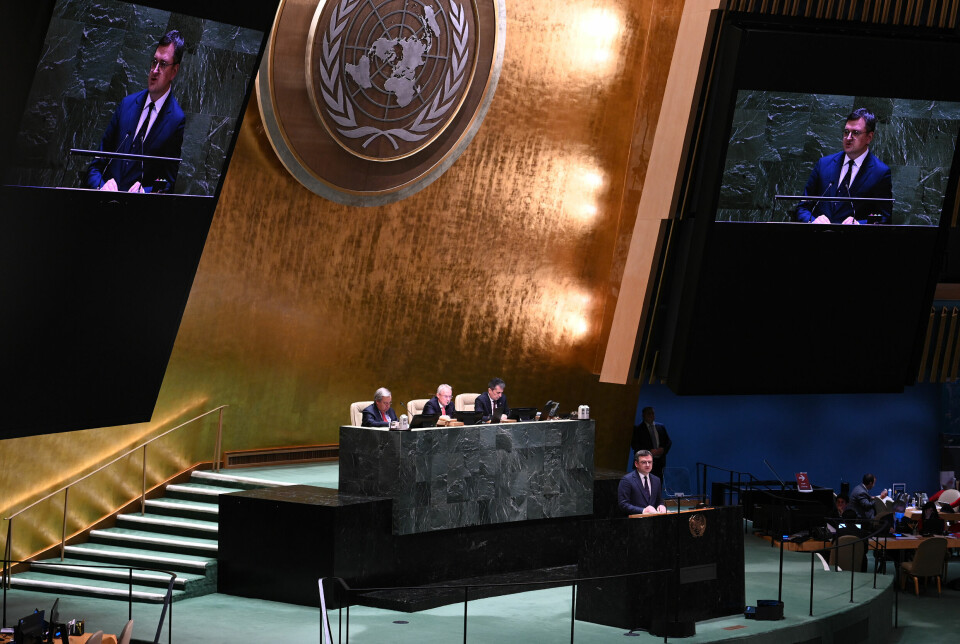 Den ukrainske utenriksministeren Dmytro Kuleba taler foran FNs generalforsamlingen denne uken. Foto: Anthony Behar / Sipausa / NTB