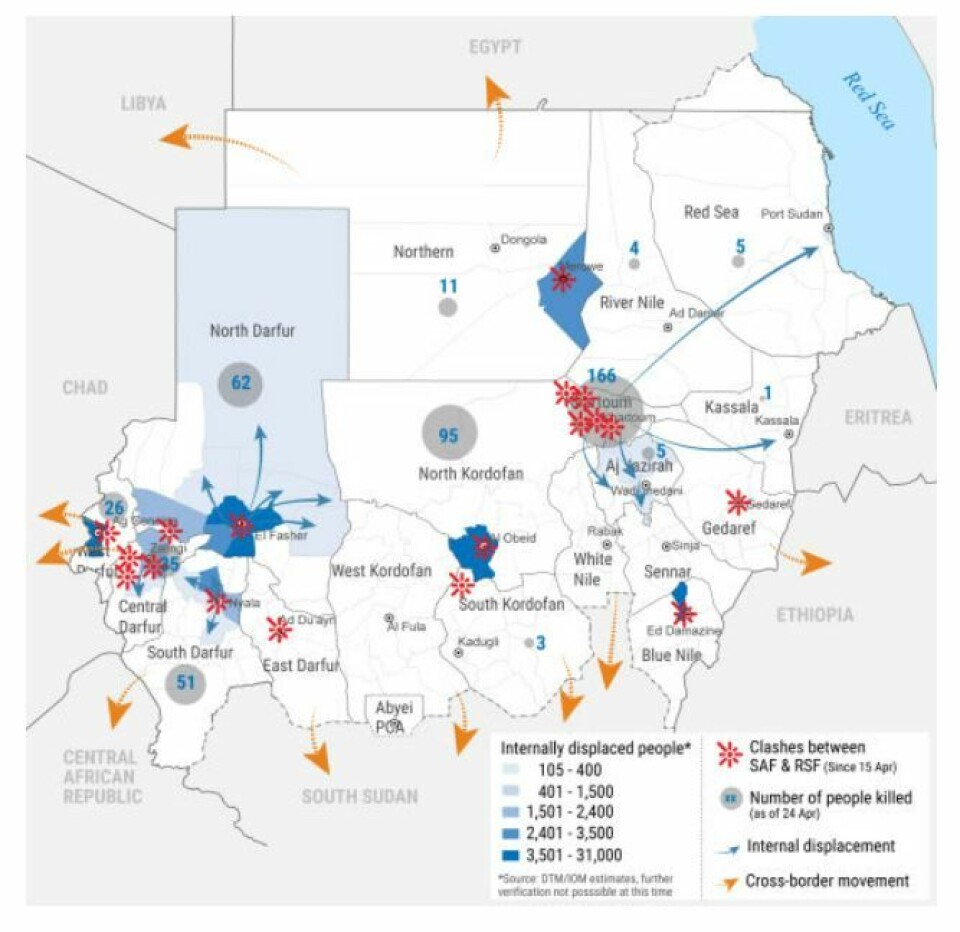 Denne grafen, laget av FN-organisasjonen IOM, viser krigsområder, antallet drepte, internt fordrevne og flyktningstrømmer som følge av denne siste tidens krigshandlinger i Sudan.