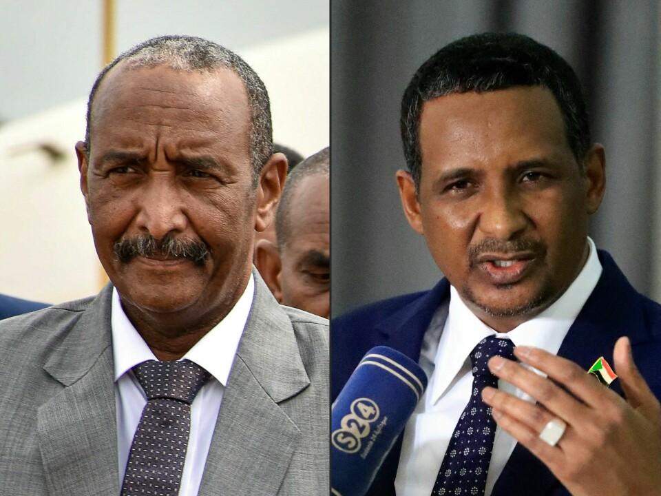 Generalene Abdel Fattah al-Burhan (til venstre) og Mohamed «Hemetti» Hamdan Dagalo kjemper om makten i Sudan.