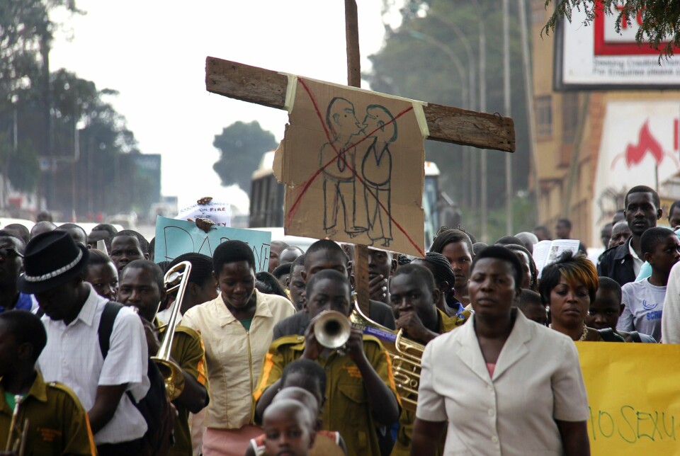 Anti-homoaktivister demonstrerte i Kampala, Uganda, etter at landets grunnlovsdomstol annullerte loven mot homofile august 2014. Analytikere diskuterer om det samme kan skje med 2023-loven.