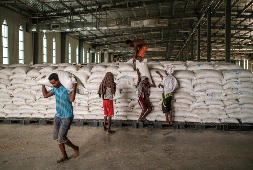 Et lager for for nødhjelp i Afar-regionen i Etiopia. Bildet er tatt i fjor, før USA og FN stanset nødhjelpen til landet.