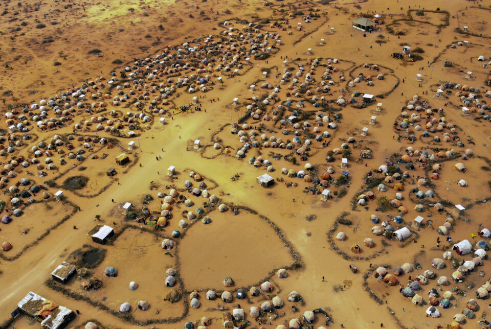 Hytter laget av grener og tøy gir ly til somaliere som er fordrevet av tørke i Dollow, Somalia.